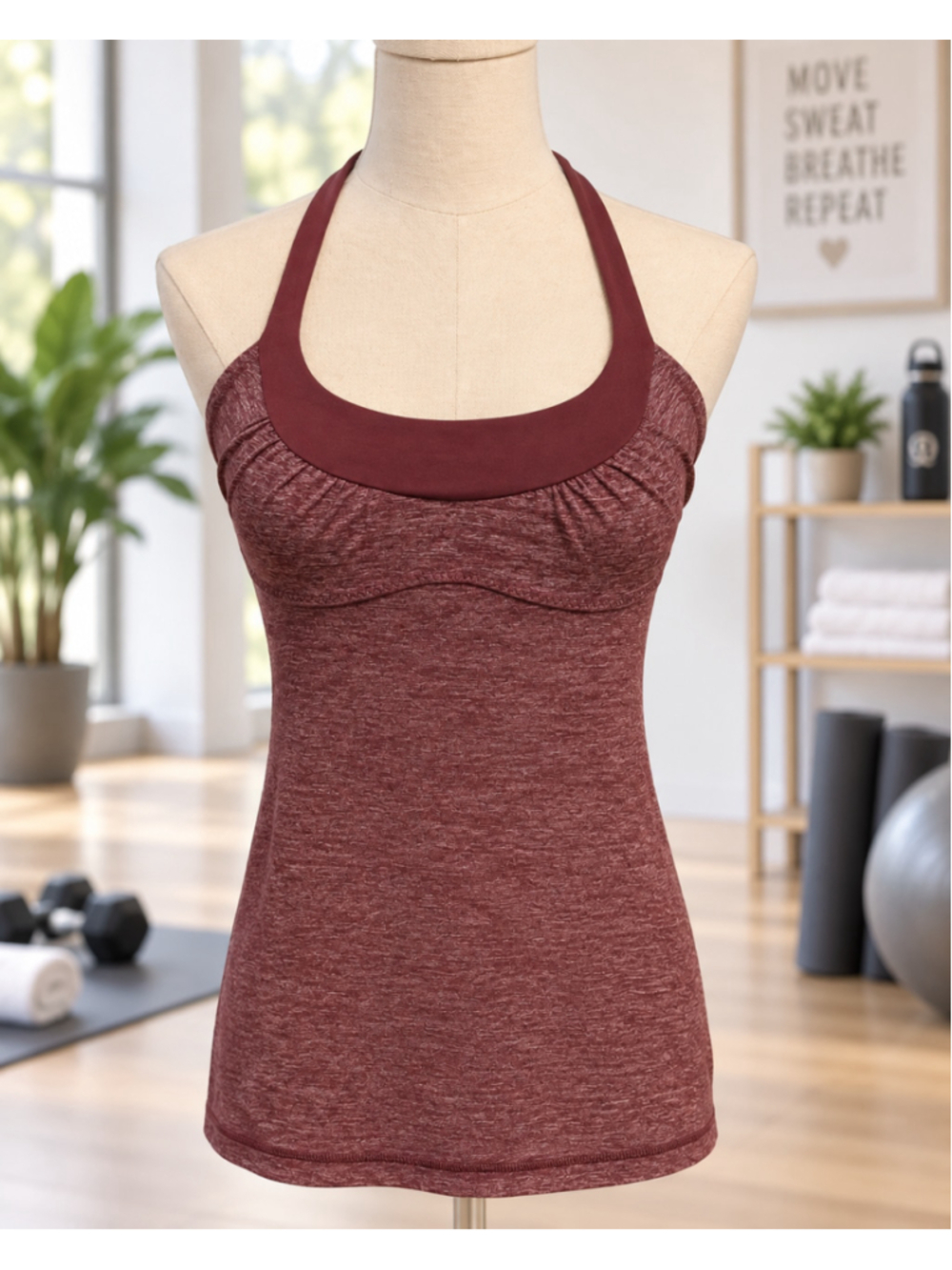 Lululemon Maroon Heathered Halter Tank Built In Bra Yoga Top Estimated Size 4